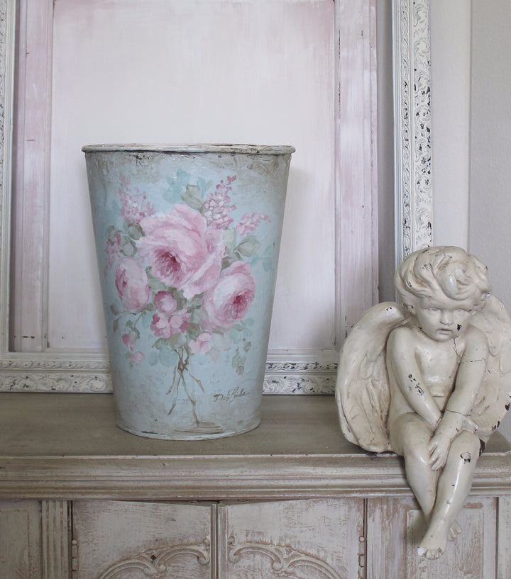 Shabby Chic Vintage Cabbage Roses and French Lilacs French Floral Bucket by Debi Coules