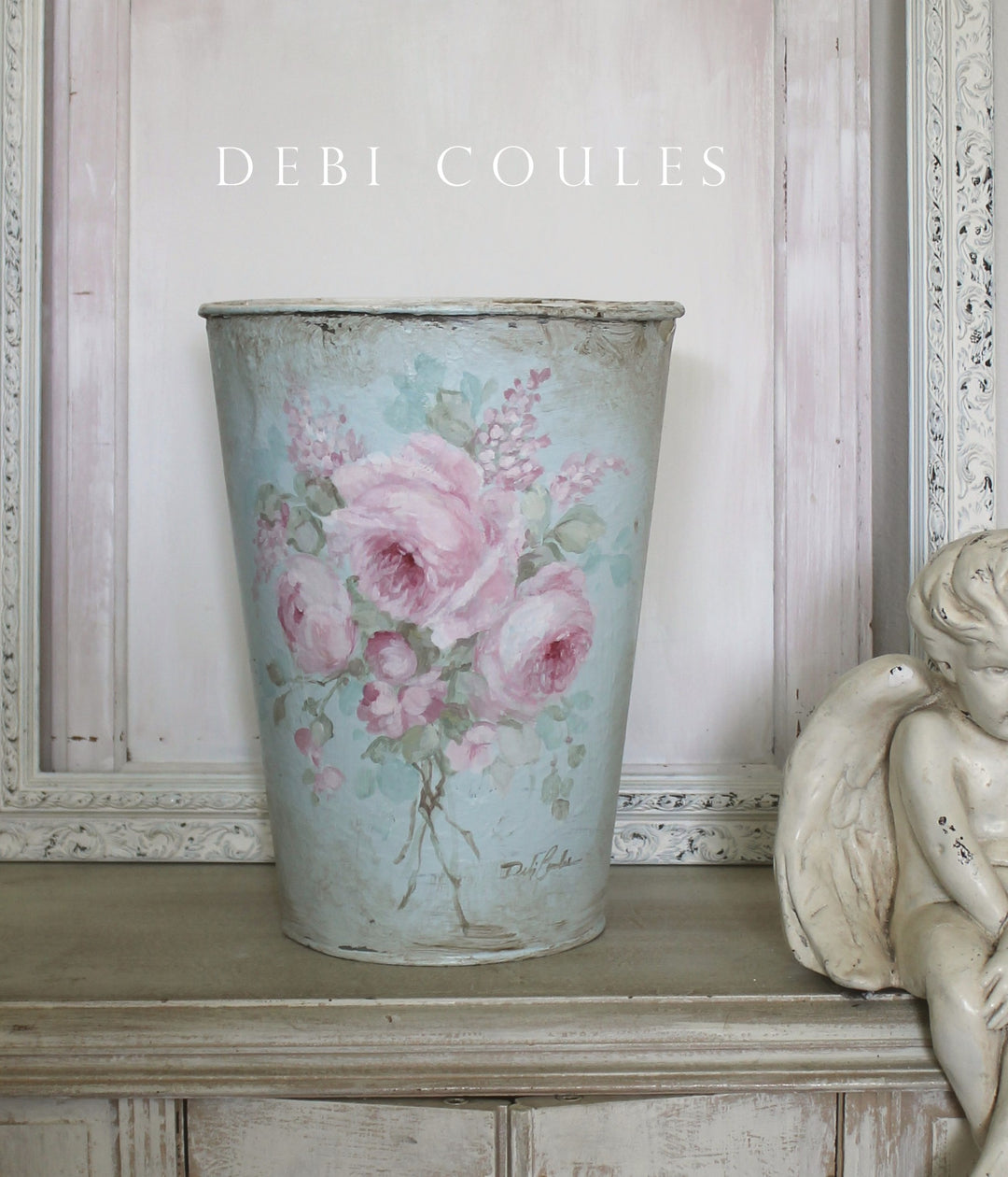Shabby Chic Vintage Cabbage Roses and French Lilacs French Floral Bucket by Debi Coules