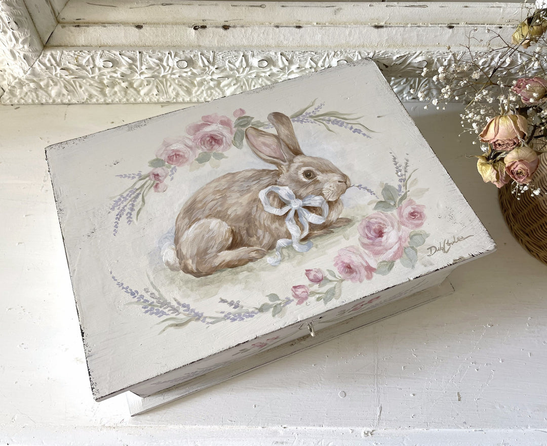 Shabby Chic Vintage Spring Bunny With Roses And Lavender Wooden Keepsake Box Original by Debi Coules