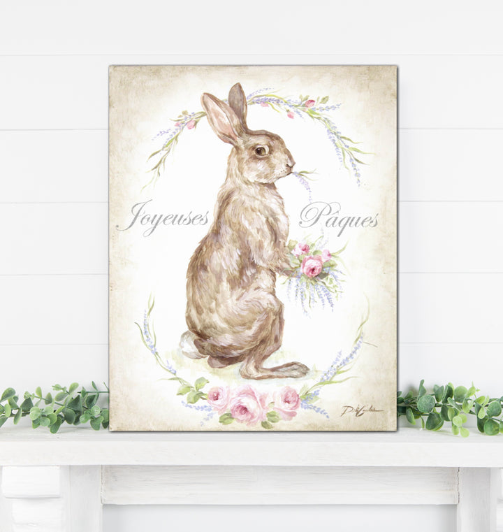 French Chic Joyuses Paques Happy Easter Bunny With Roses and Lavender Canvas Print by Debi Coules