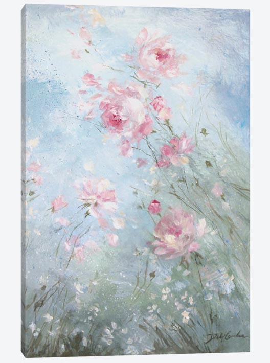 Bliss Canvas Print, Wild roses swaying to a fro in the afternoon breeze, light and dark pinks with whitish overtones, long green stalks emerge from a blanket of wild flowers, back drop is blue sky with faint white clouds, perfect for a shabby chic, rustic farmhouse, french farmhouse, or cottage home. Elegant art by Debi Coules