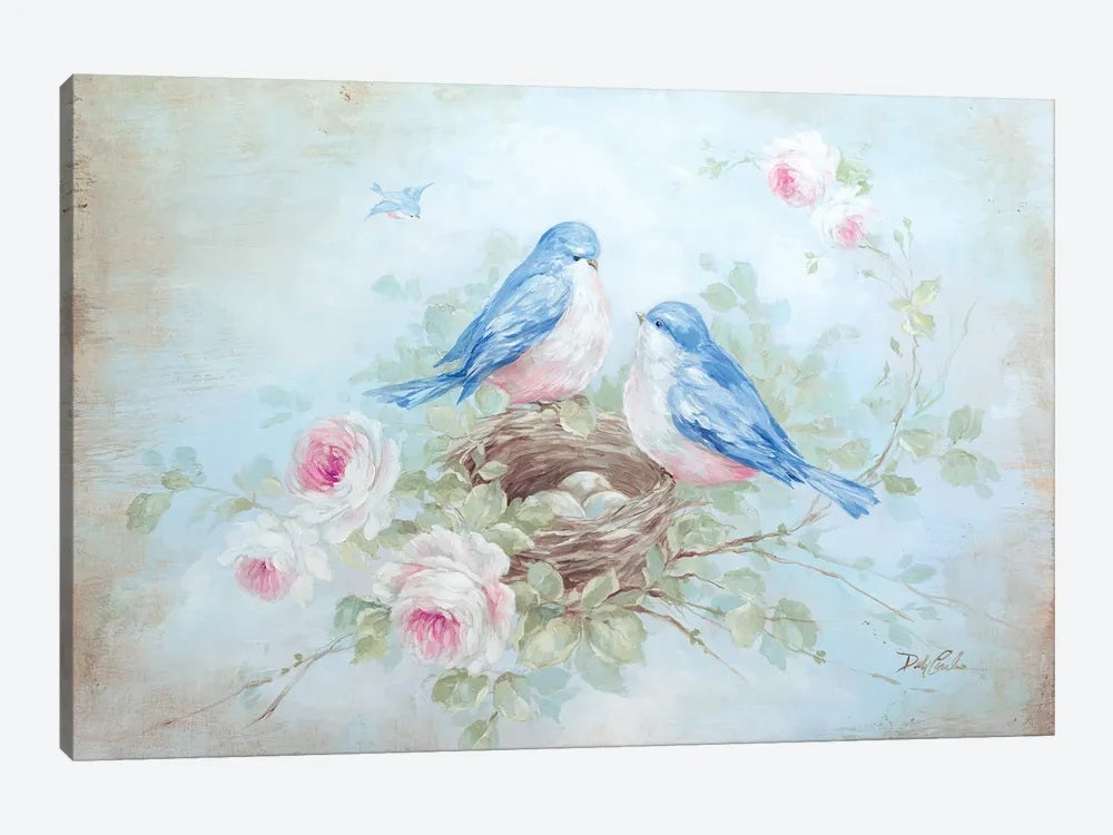 two beautiful bluebirds perched on their nest admiring their 3 eggs, the nest is settled on a rose branch with eden type roses in bloom. White petals give way to ever darker pinks at the centers, Green leaves cradle the nest, background of soft blue with antiquing all round. A must for shabby chic or french farmhouse decor by artist Debi Coules