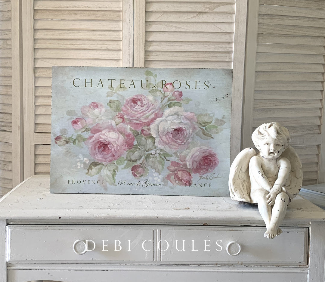 Romantic French Saying Sign Chateau de Roses Pink Roses Shabby Chic by Debi Coules