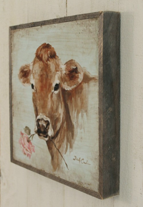 "Cow with Rose" Barnwood Framed Wood Print