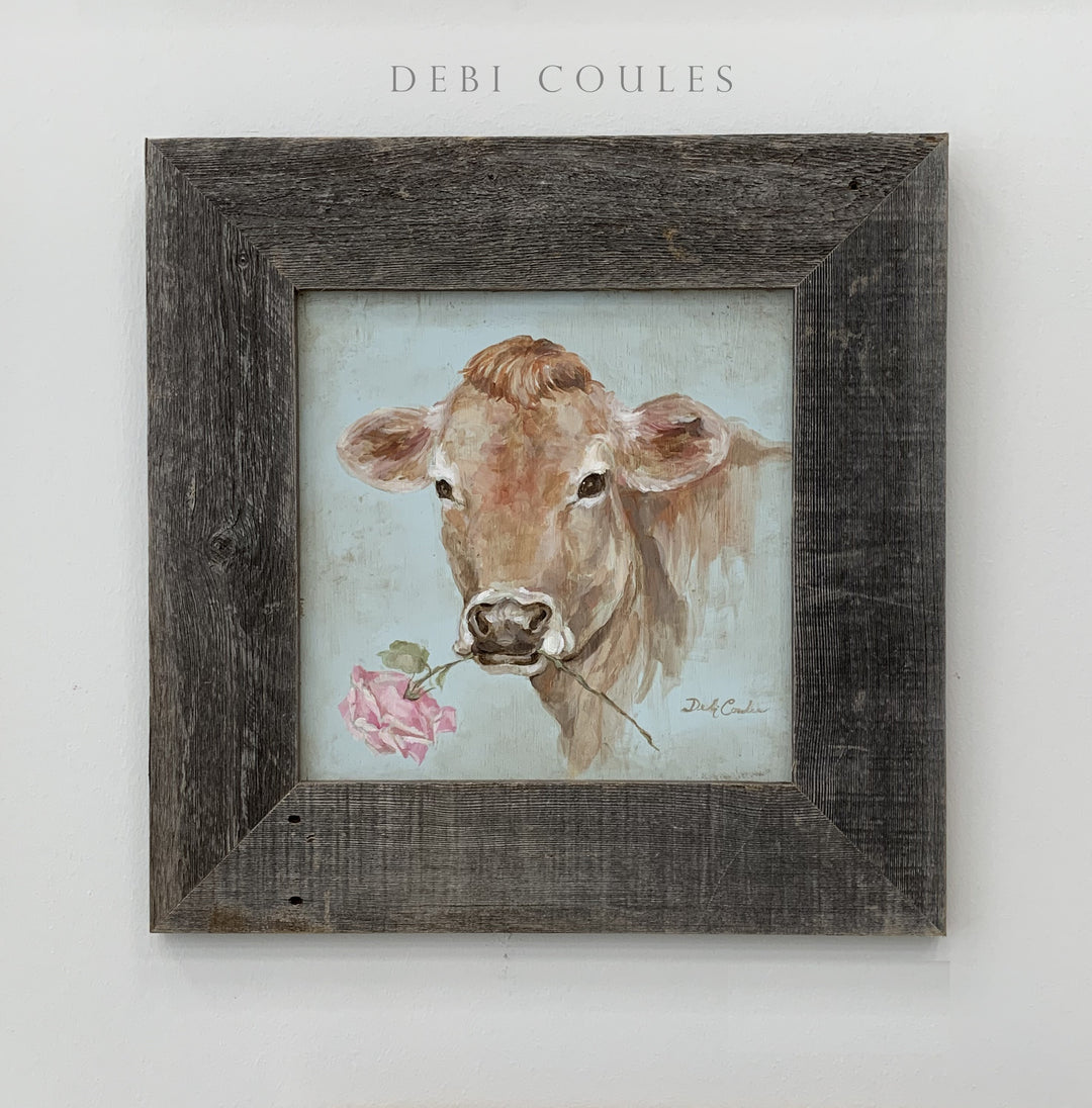 "Cow With Rose" Barnwood Framed Original Painting by Debi Coules