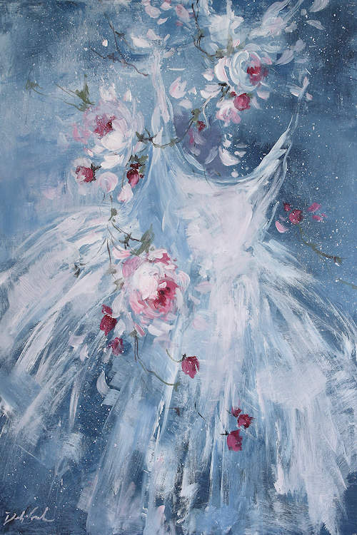 A white Tutu dancing across the canvas, trailings of pink roses swirl around. The background is in various shades of blue from dark to light. Painting on canvas by Debi Coules