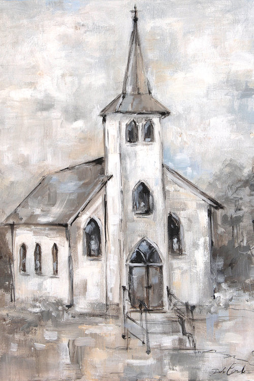 A vintage shabby chic chapel in shades of greys, blues, tan, and white with a tall steeple. linework is in black