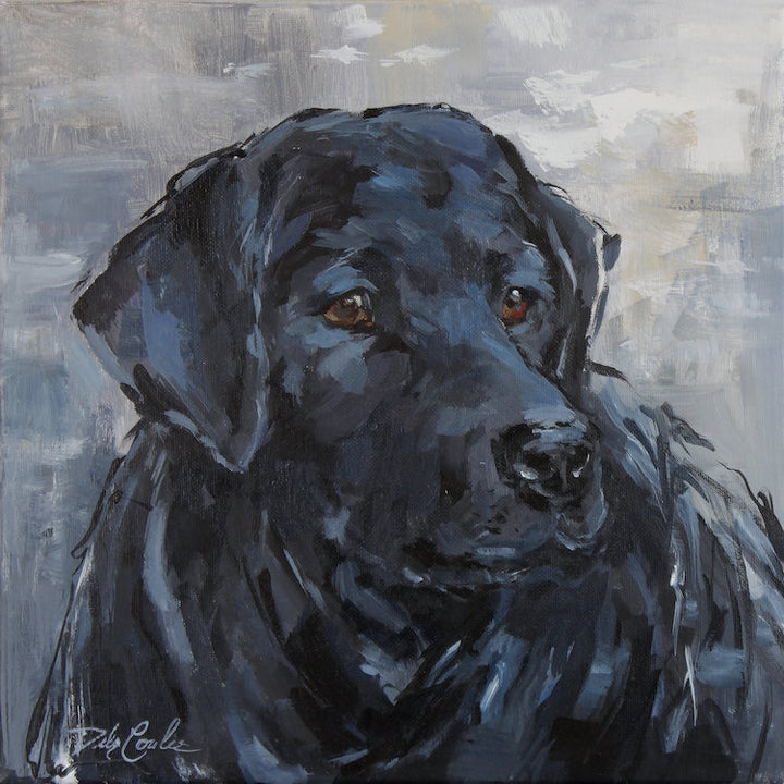 A black labrador done in black anf shades of blue, brown eyes and a neutral background.