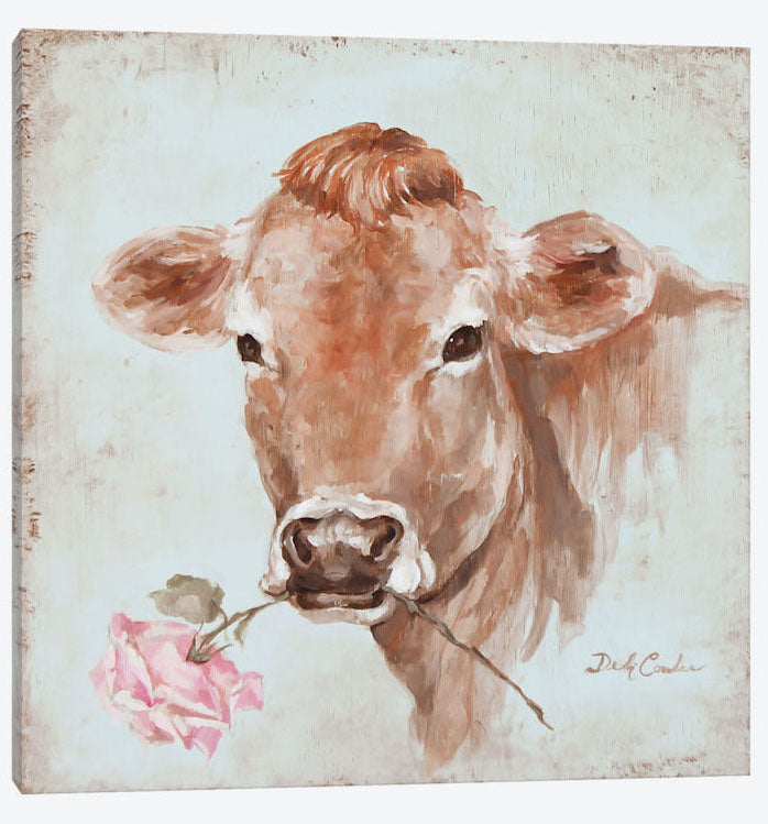 Cow with rose, wall art, Pink Rose, blue green background, Farmhouse, Printed on wood and framed in barn wood styles frame, Debis loves, farmhouse collection, French Chic to , home decor, Artist Debi Coules, Shabby Chic, Cottage chic, farmhouse chic on canvas