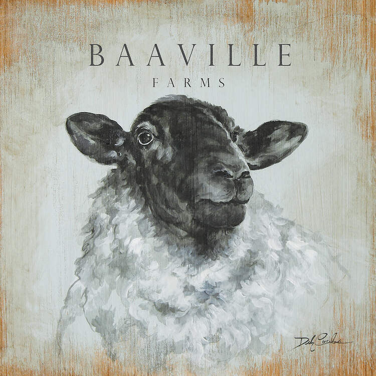 Baaville Farms, farmhouse sheep in white grey and black, background is sort of a robin's egg blue with lots of distress around the edges ,   L:ots of shabby chic, french farmhouse feel. Print on canvas.