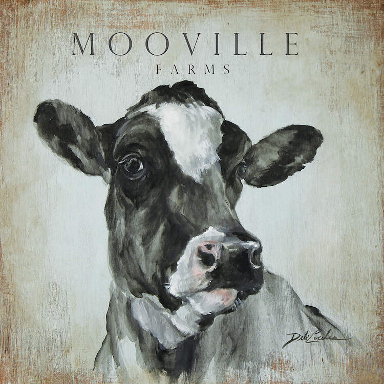 Mooville Farms, a fine black and white Jersey cow strikes a proud pose. Robin's egg blue background with lots of distressing. Part of the Farmhouse Series from Debi Coules Art