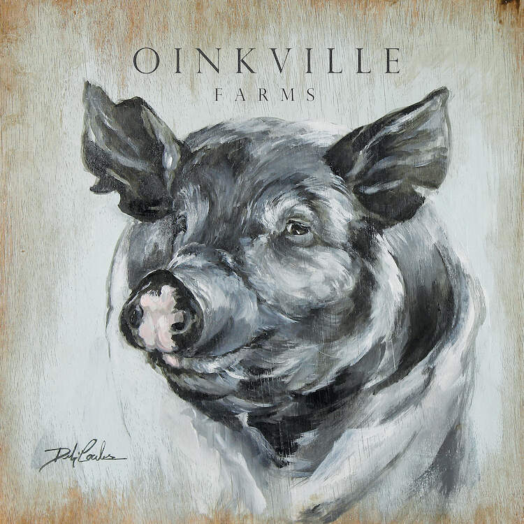 Oinkville Farms, a fine black and white pig strikes a proud pose. Robin's egg blue background with lots of distressing. Part of the Farmhouse Series from Debi Coules Art