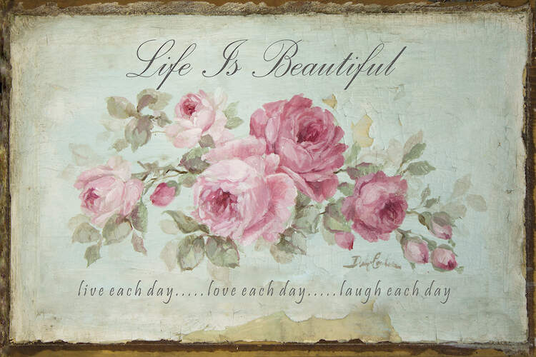 habby Chic Romantic Roses Life is Beautiful Live Love Laugh Canvas Giclee Print, lots of pink roses with a vintage look. Certain to add just the right touch of Vintage Shabby Chic to your home decor. Canvas is stretched and comes ready to hang.