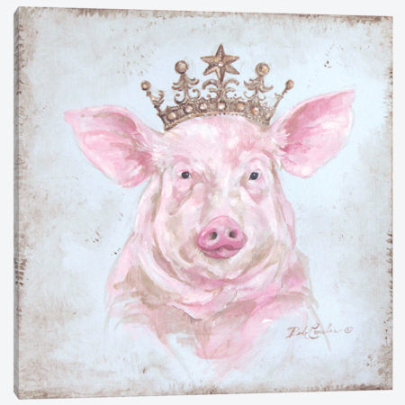 Whimsical pink Farmhouse pig, adorned with a gold crown, whites, pinks, Blue green distressed background, Rustic Barn wood style frame. Debi Coules Artist, loves animals, farmhouse. French Chic, Shabby chic, cottage chic, vintage, modern home decor. on canvas