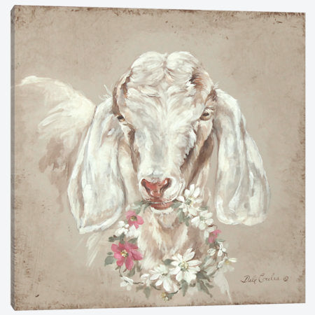 A beautiful long eared Farmhouse Goat in tans and white on a tan background. He is holding a floral wreath filled withe wild roses in pink and white. This is part of the farmhouse collection at Debi Coules Art