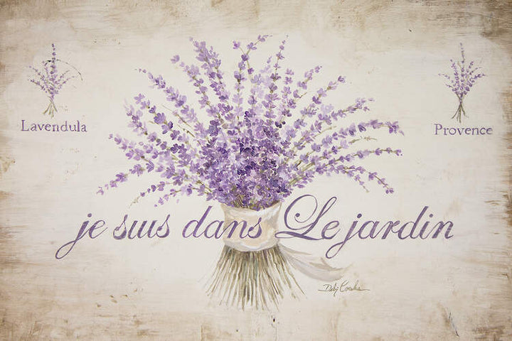 A bouquet of French lavender on a light tan background with distressing and the words Lavendula and Provence on the sides. Acress the center of the painting are the words je suis dans le jardin,  in english, I am in the Garden.