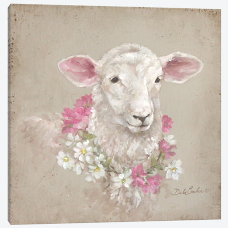 A warm fuzzy sheep with a color of pink and white wild roses. Tan background. Part of the Farmhouse collection by Debi Coules