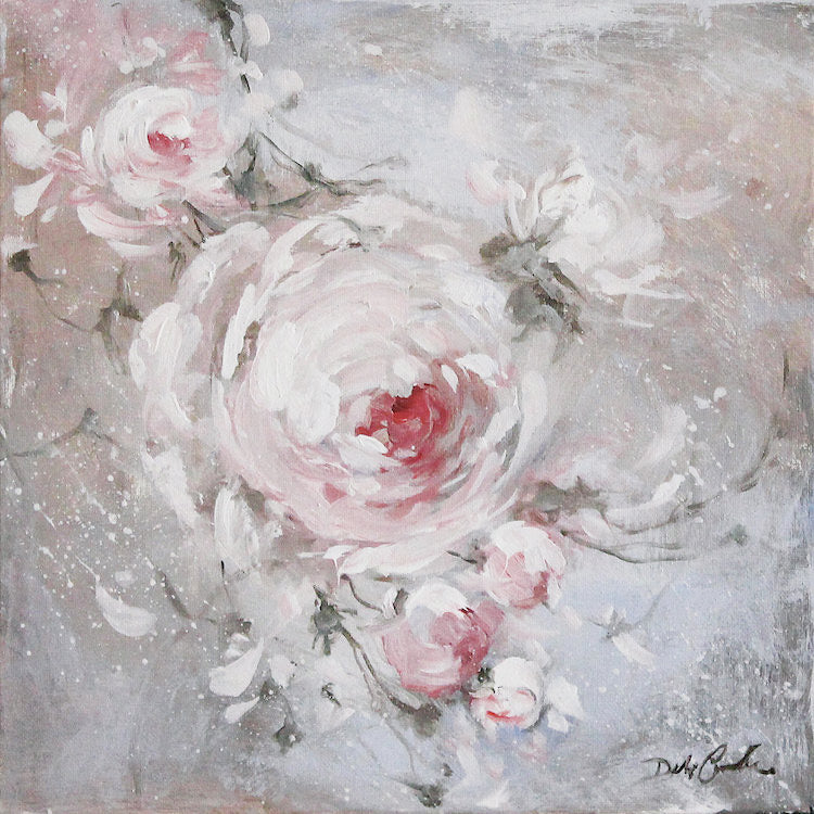 Eden type roses in light pink, almost white, then yielding  eventually to shades of darker pinks and the red,, splater background of  mauve, white, and greys. The feeling is calm shabby chic with a bit of modern farmhouse, impressionistic