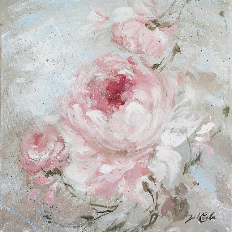 Eden type roses in light pink, almost white, then yielding eventually to shades of darker pinks and the red,, splater background of mauve, white, and greys. The feeling is calm shabby chic with a bit of modern farmhouse, Impressionist style