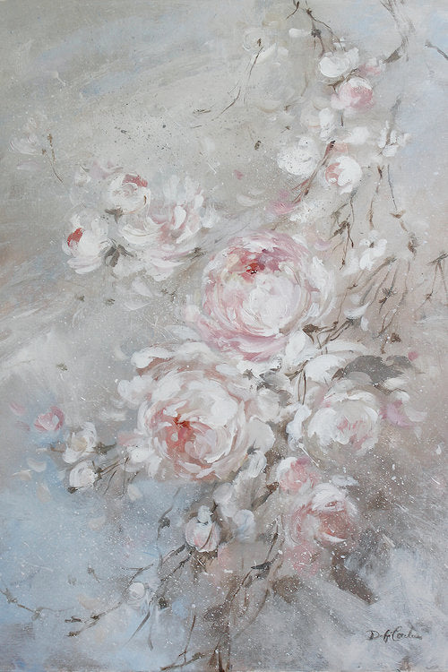 den type roses in light pink, almost white, then yielding eventually to shades of darker pinks and the red,, splater background of mauve, white, and greys. The feeling is calm shabby chic with a bit of modern farmhouse, Impressionist style