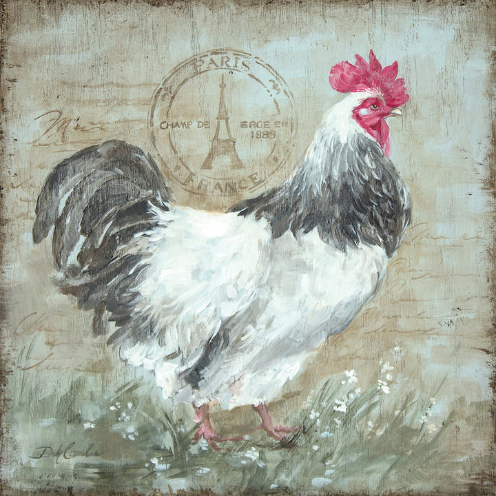 Black and white french rooster with red cockscomb and gullet on a background of  faint writing topped off with white wildflowers on a Robin's egg blue base.  a Paris Eiffel Tower, postmark. Printed on canvas
