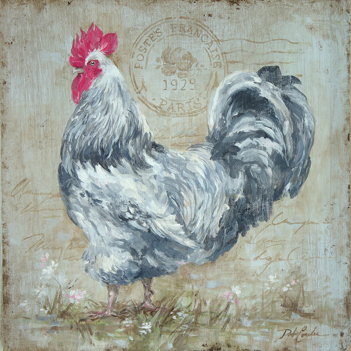 Black and white french rooster with red cockscomb and gullet on a background of  faint writing topped off with a Paris postmark. Printed on canvas