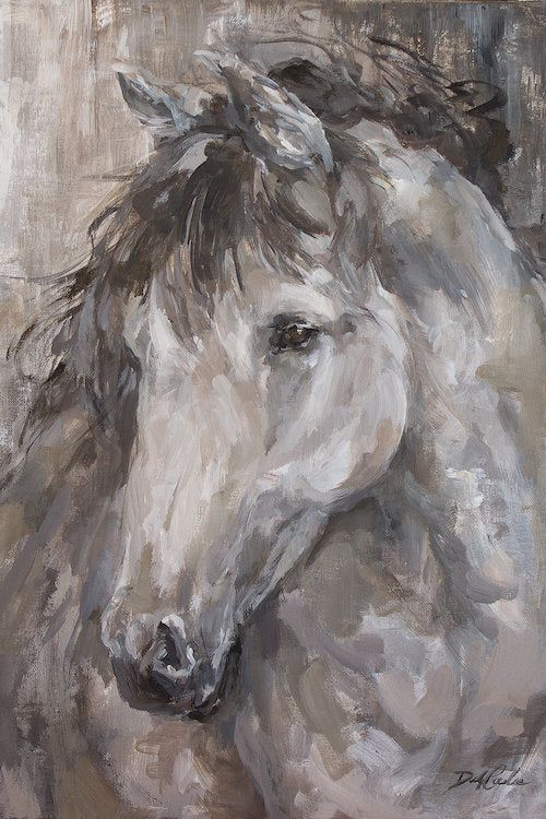 A proud stallion in blacks, greys, tans, and whites Masterfully painted by Debi Coules