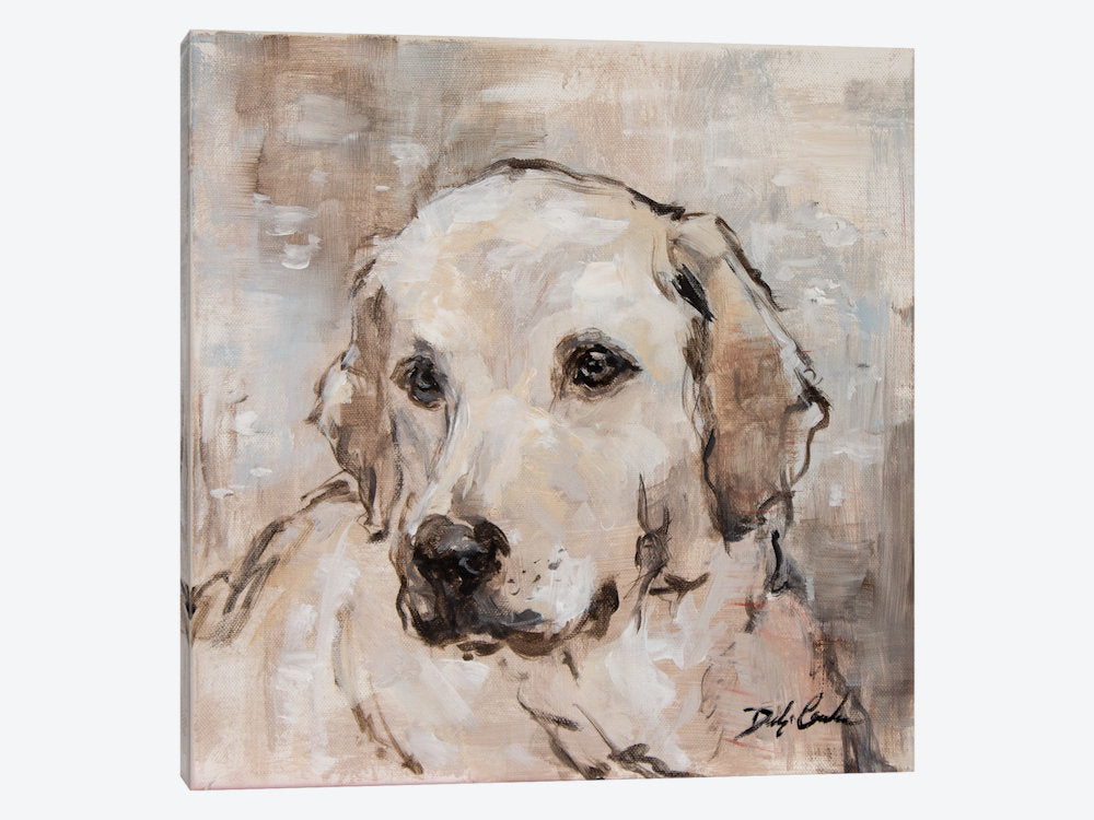 Lovable yellow labrador , a serene , intent look, all in shades of tans and yellows outlined with black and dark greys