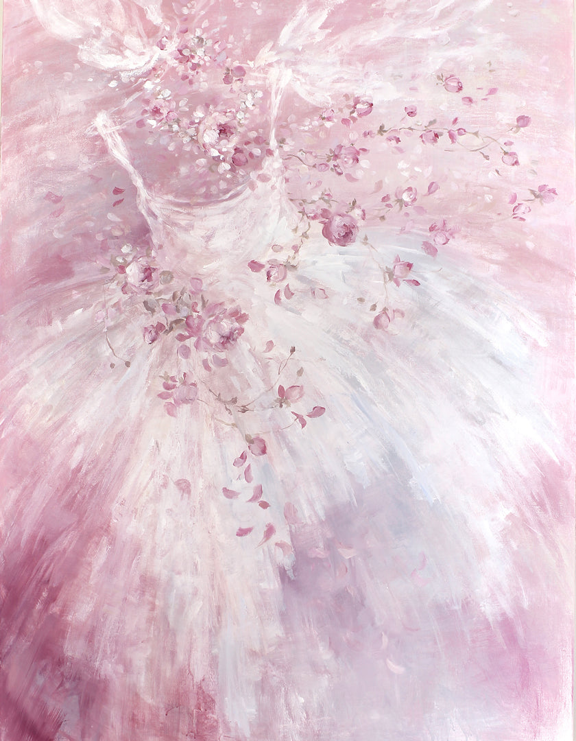 Enchanted Canvas Print. White tutu dancing across a field of rose pinks with red and pink roses trailing from the arm straps to the hemline. Faint shades of blue and purple