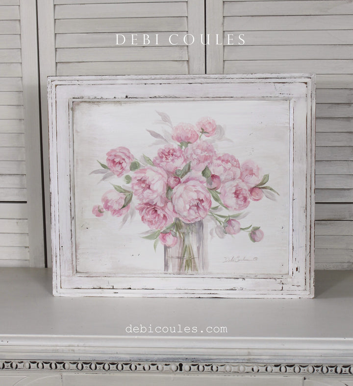 Shabby Chic Pink Peonies Painting Vintage Panel Original by Debi Coules