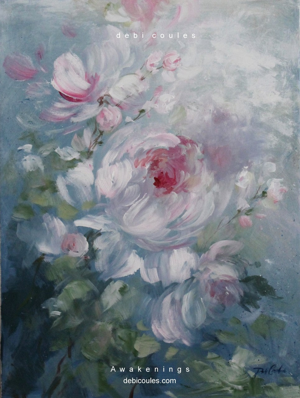 Fully blooming eden rose, white with a center of pinks and reds, other smaller blooms abound, green folage and a bluish, green grey background, warm shabby chic, modern farmhouse, and cottage feel, gorgeous art by Debi Coules