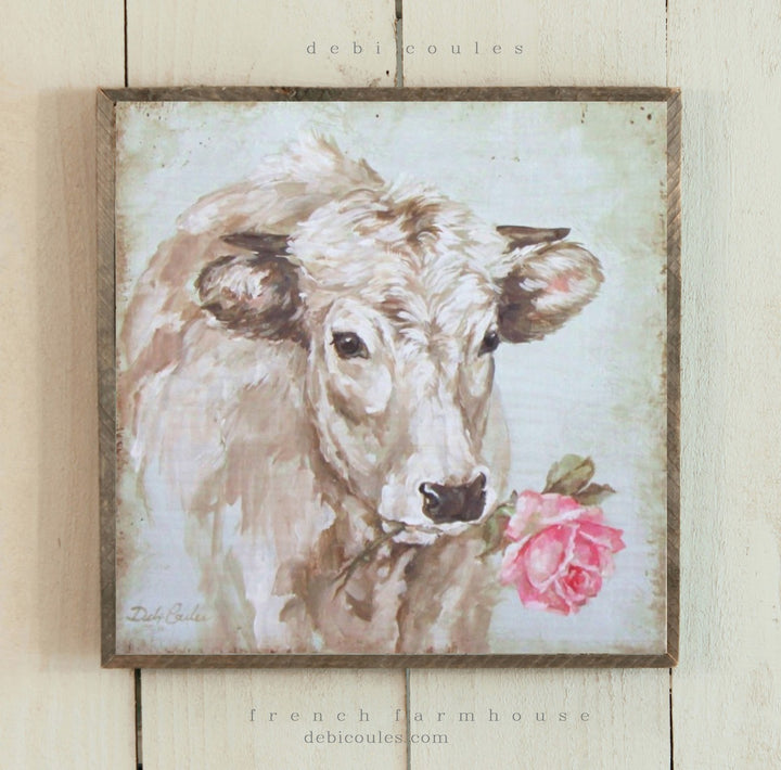 "French Cow with Rose" Barnwood Framed Wood Print