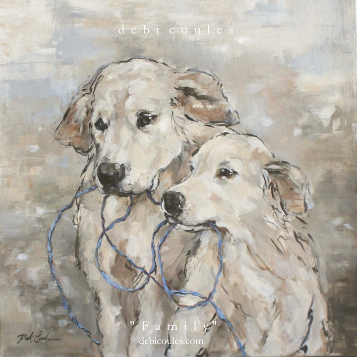"Yellow Labs Rule"! A beautifule Mother and Pup playfully tugging at a piece of rope. Mother has that tired patient look on her face that all Mothers get. Debi Coules Art on Canvas