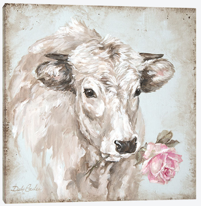 "French Cow with Rose" French Farmhouse Canvas Prints