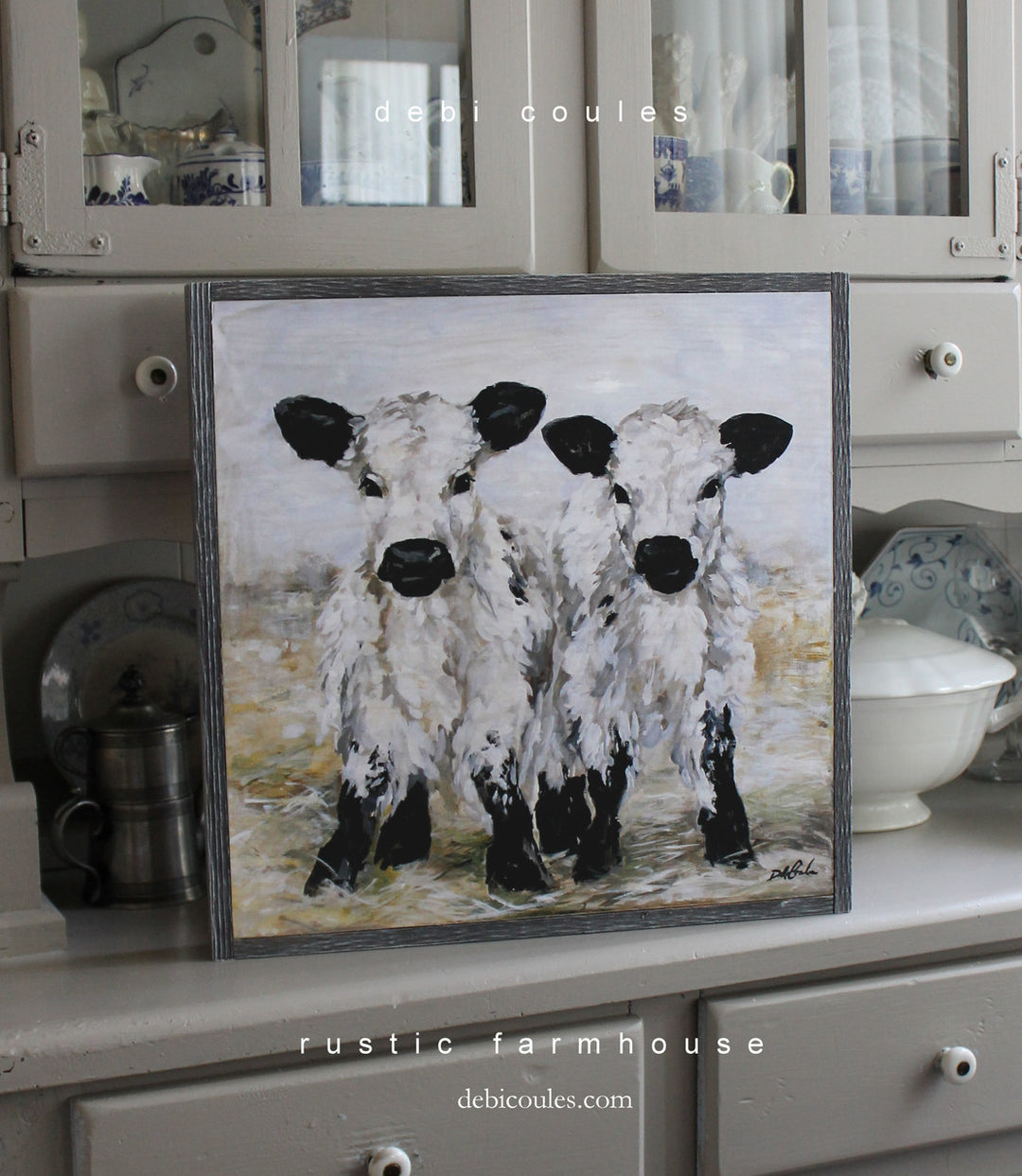 Freckles and Speckles baby cows, calfs, standing in a patch of hay in a pasture, Wood Print wall art, Bluish grey, Rustic Barn wood style frame, Debi Coules Artist, farmhouse collection, French Chic, Shabby Chic, Cottage Chic, Paris Chic, home décor