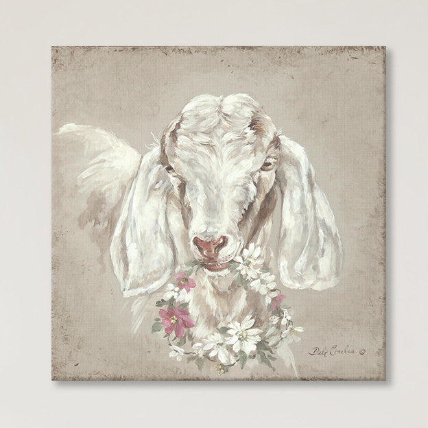 "Goat with Floral Wreath" French Farmhouse Canvas Prints