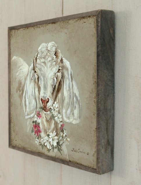 "Goat with Floral Wreath" Barnwood Framed Wood Print