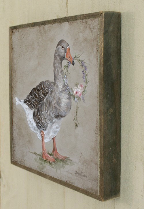 "Goose with Floral Wreath" Barnwood Framed Wood Print