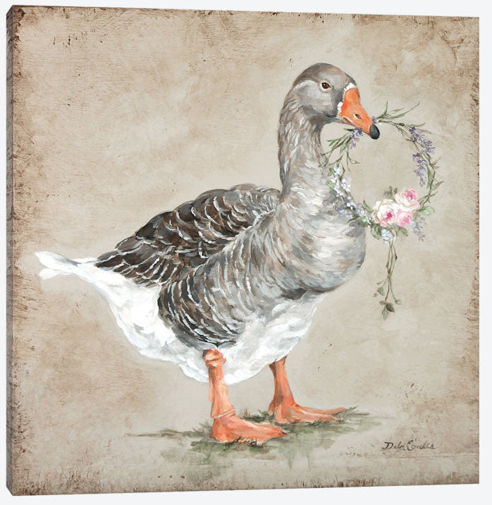 A beautiful French Goose in shades of black, grey and white, orange beak with black tip and orange legs and feet. She is holding a wreath with babys breath, lavender, and pink roses. This is part of the farmhouse collection at  Debi Coules Art