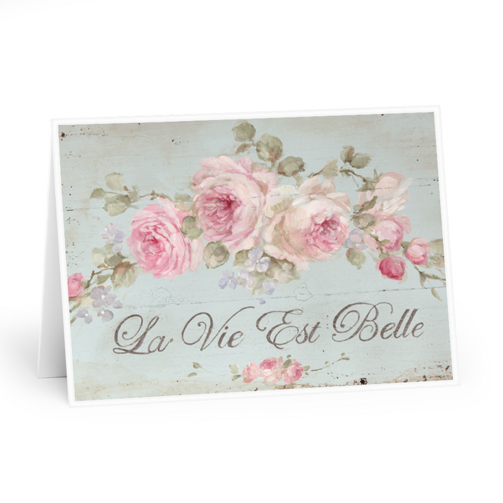 "La Vie Est Belle" life is beautiful, Pink and white roses trail across a teal backdrop. Shabby worn look. Original by Debi coules