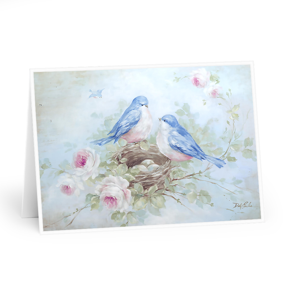 It's Spring! A Mother and Father Bluebird watch over their nest they made in a blooming rose bush. They have three eggs. Blue backdrop, Original by Debi Coules