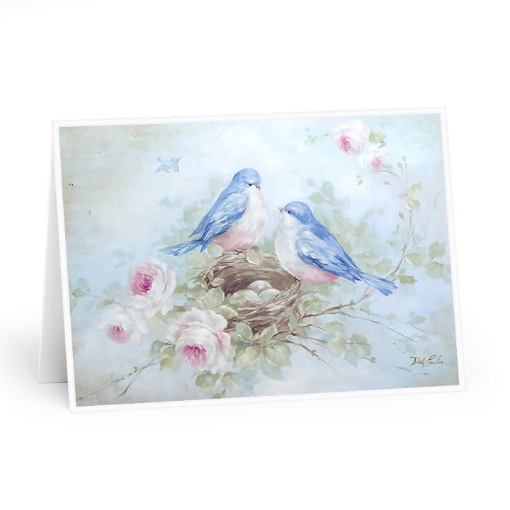 It's Spring! A Mother and Father Bluebird watch over their nest they made in a blooming rose bush. They have three eggs. Blue backdrop, Original by Debi Coules