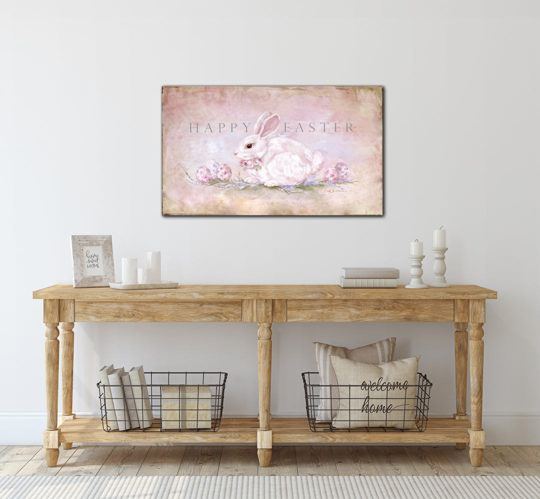 Shabby Cottage Chic Vintage Style Happy Easter Canvas Bunny and Roses Print by Debi Coules