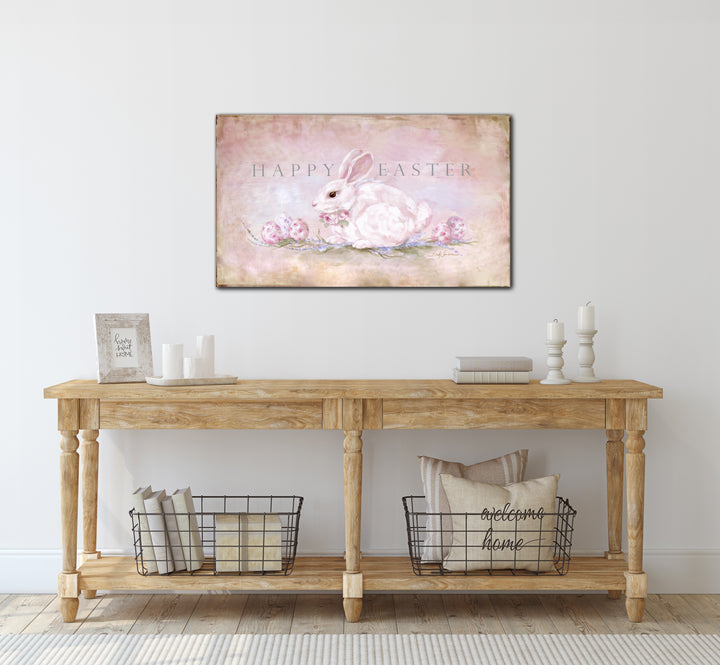 Shabby Cottage Chic Vintage Style Happy Easter Canvas Bunny and Roses Print by Debi Coules