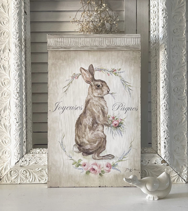 Shabby Chic French Saying Joyeuses Paques Happy Easter Wood Print by Debi Coules
