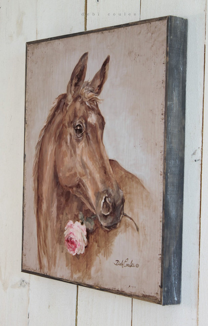 "Horse with Rose" Barnwood Framed Wood Print