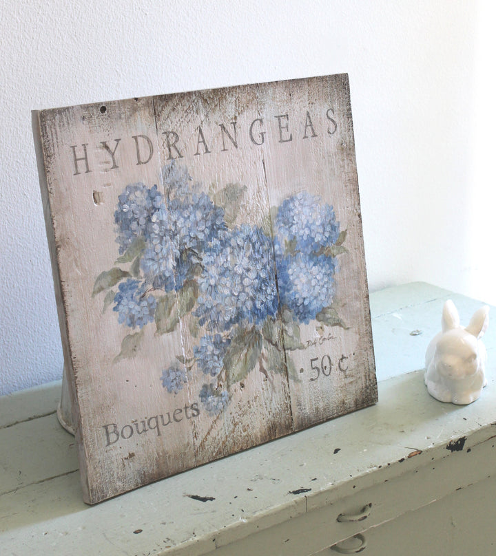 Shabby Chic Vintage Blue Hydrangea Reclaimed Vintage Wood Sign by Debi Coules