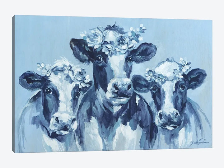 Three Jersey Cows doing a "selfie". Each was a crown of roses, Overall tones are blue. Cows are ablackish blu and the background a lighter blue. Painting by Debi Coules.