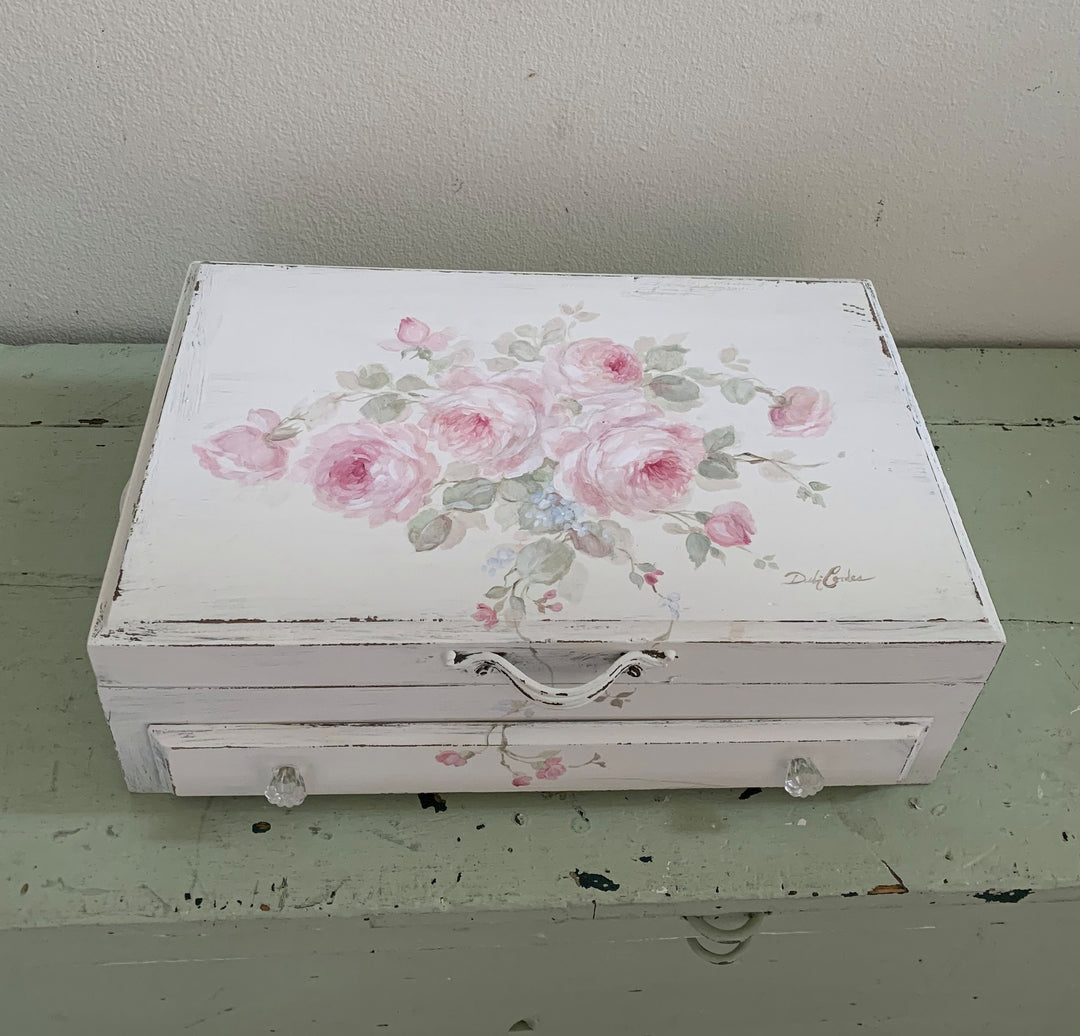 Romantic  Vintage Large Shabby Chic Pink Roses Jewelry Keepsake Box with Drawer by Debi Coules