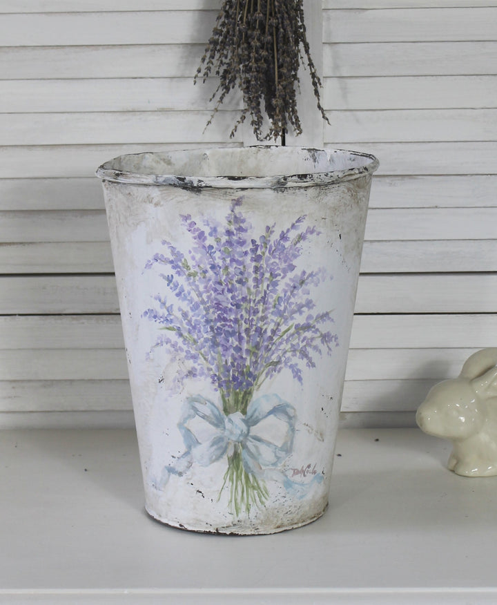 Shabby Chic Vintage Lavender French Floral Bucket with Bow by Debi Coules
